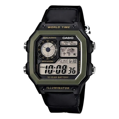 Reloj Pulsera Digital Casio Ae-1200whb-1b Con Correa De Tela Color Negro - Bisel Verde