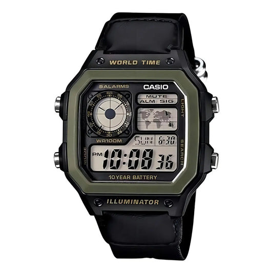 Reloj Pulsera Digital Casio Ae-1200whb-1b Con Correa De Tela Color Negro - Bisel Verde