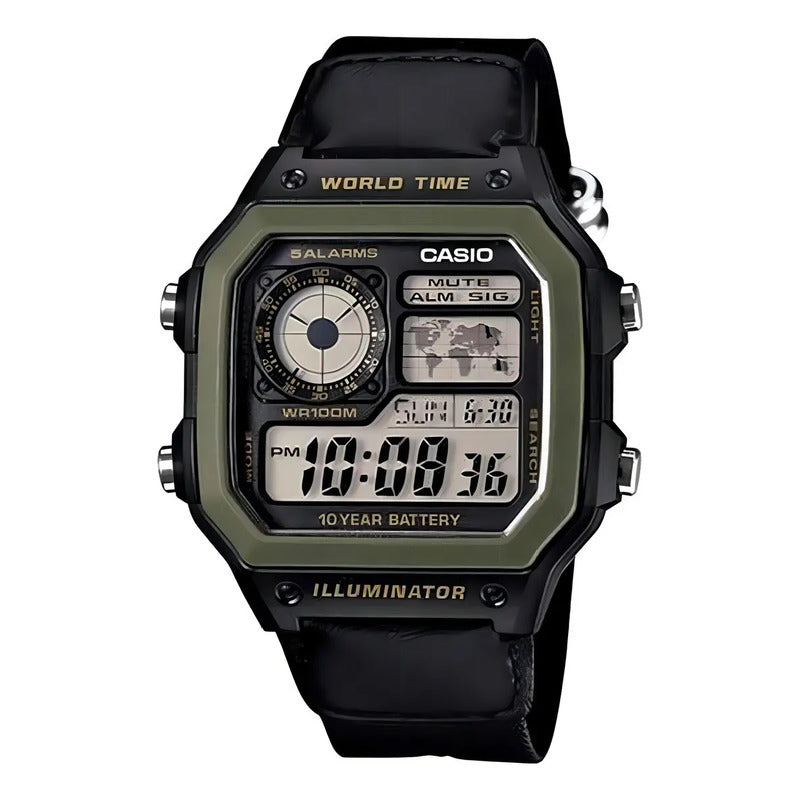 Reloj Pulsera Digital Casio Ae-1200whb-1b Con Correa De Tela Color Negro - Bisel Verde