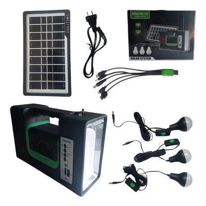 Kit Emergencia Camping Solar 3 Ampolletas Linterna+radio Mp3 Color Negro
