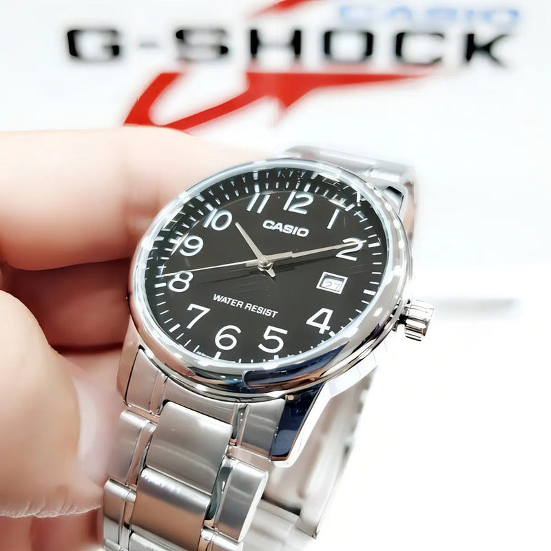 Reloj Pulsera Casio Mtp-v002d-1bu Con Correa De Acero Inoxidable Color Plateado - Fondo Negro