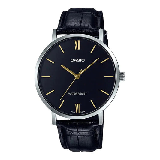 Reloj Pulsera Casio Mtp-vt01l-1b Con Correa De Cuero Color Negro - Bisel Plateado