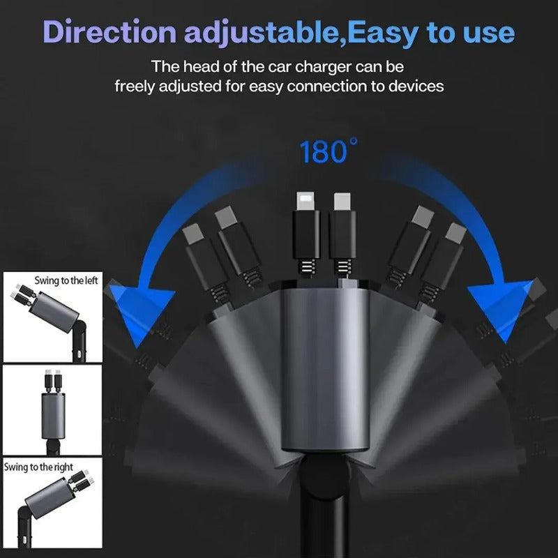 Cargador Para Automóvil Carga Rápida Cables Retráctiles Negro
