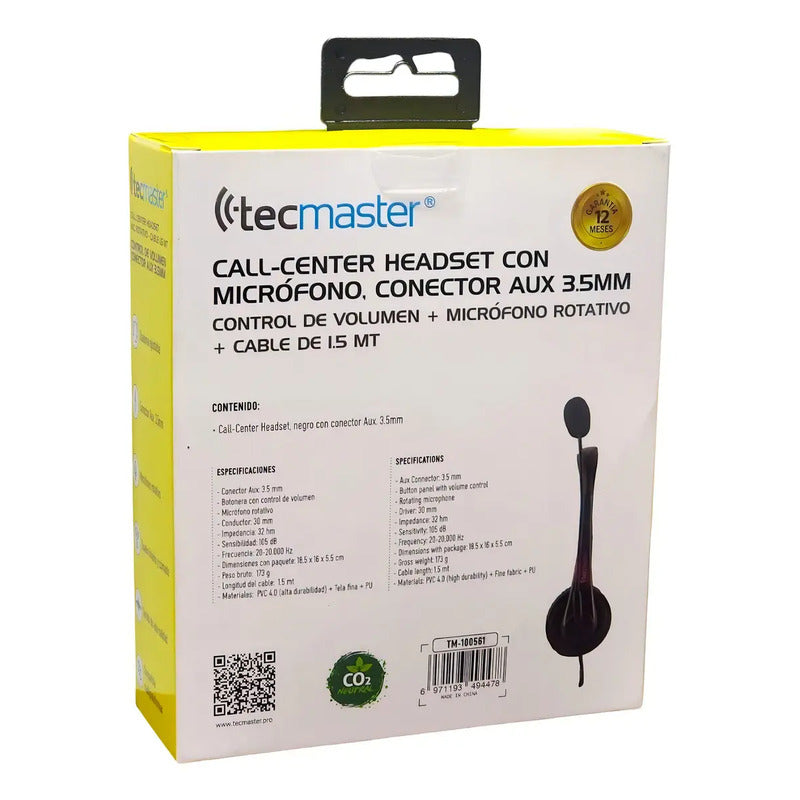 Auriculares Call-center Micrófono 3.5mm Tm100561 Tecmaster Negro