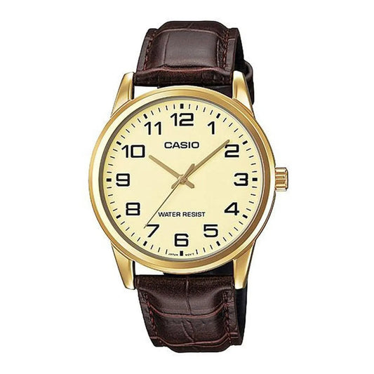 Reloj Pulsera Casio Mtp-v001gl-9b Con Correa De Cuero Color Marrón - Fondo Dorado