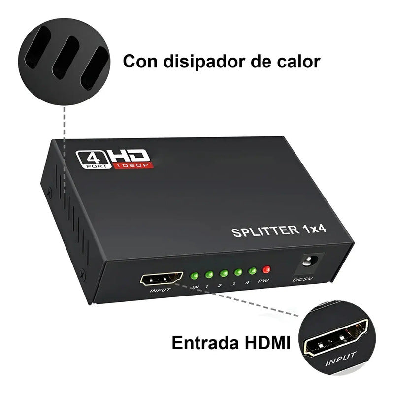 Splitter Hdmi 1x4 Full Hd 4k - Clona Pantallas Uhd Negro