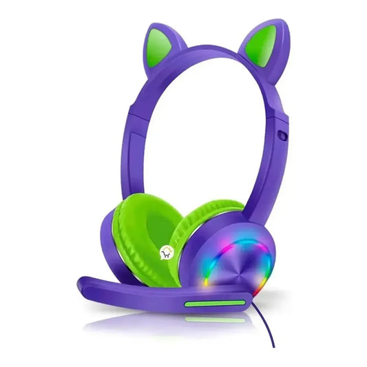 Audifonos Gato Para Niños En Diadema Y Con Microfono Color Violeta Luz Multicolor
