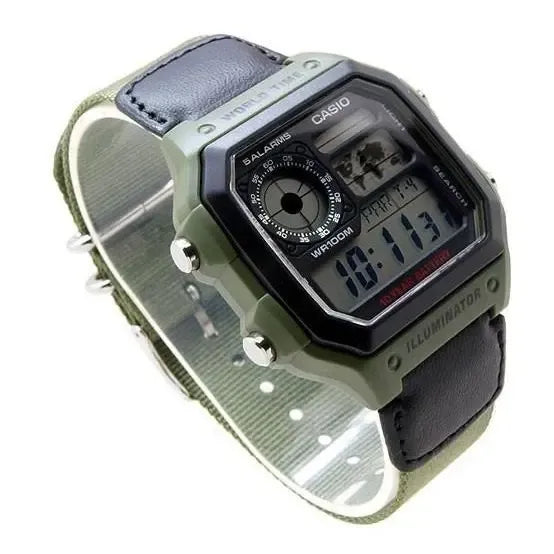 Reloj Pulsera Digital Casio Ae-1200whb-3b Con Correa De Tela Color Negro/verde - Fondo Negro