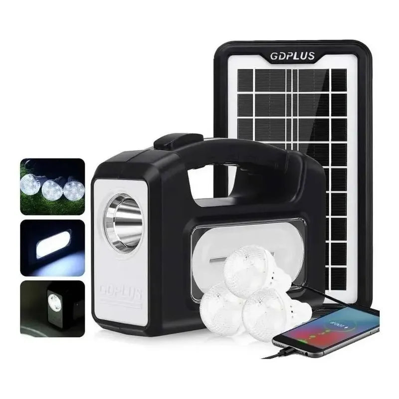 Kit Emergencia Solar Tres Ampolletas + Panel Cargado Celular Negro