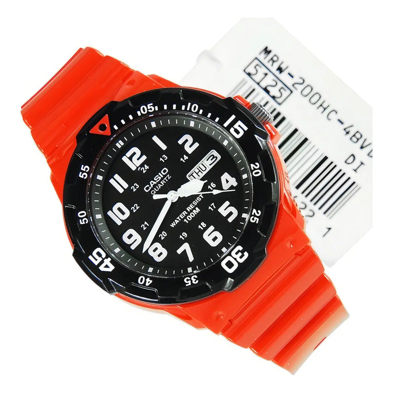 Reloj Hombre Casio Mrw-200hc-4b Análogo Retro / Correa Rojo Bisel Negro Fondo Negro