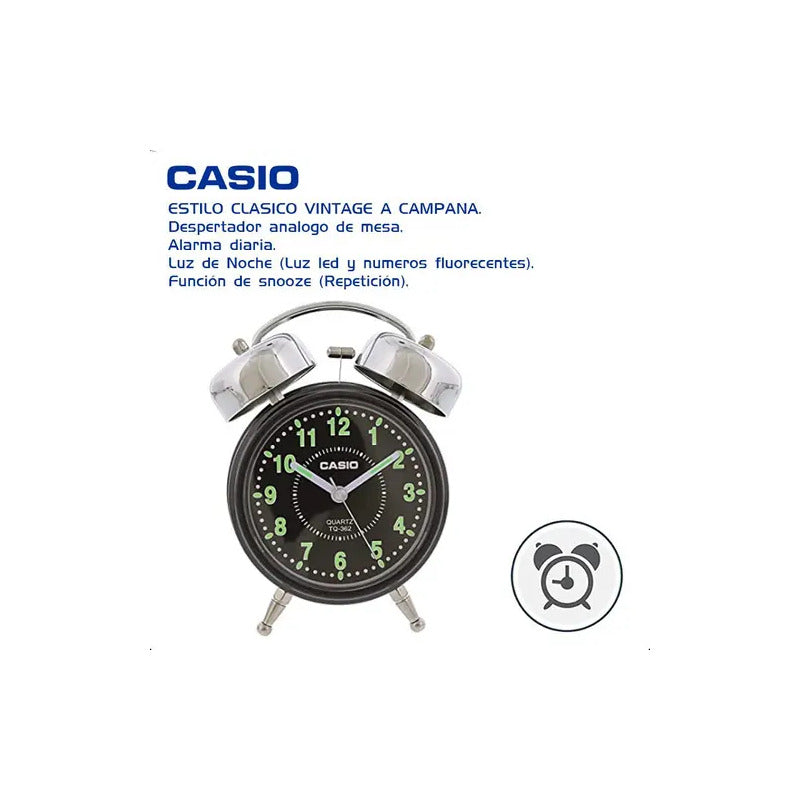 Reloj Despertador Casio Tq-362-1adf Campanas Color Negro