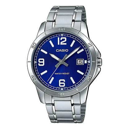 Reloj Pulsera Casio Mtp-v004d-2b Con Correa De Acero Inoxidable Color Plateado Fondo Azul