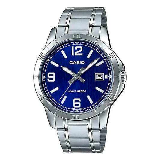 Reloj Pulsera Casio Mtp-v004d-2b Con Correa De Acero Inoxidable Color Plateado Fondo Azul