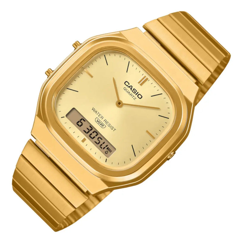 Reloj Casio Aq-240eg-9a Gold-ion, Correa De Acero, Anadigi Correa Dorado Bisel Dorado Fondo Dorado