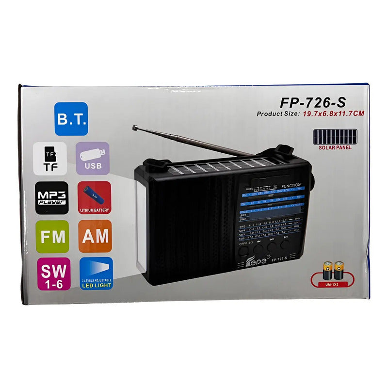 Radio Am/fm/sw Solar Bt Con Linterna Color Negro Fp-726 Negro