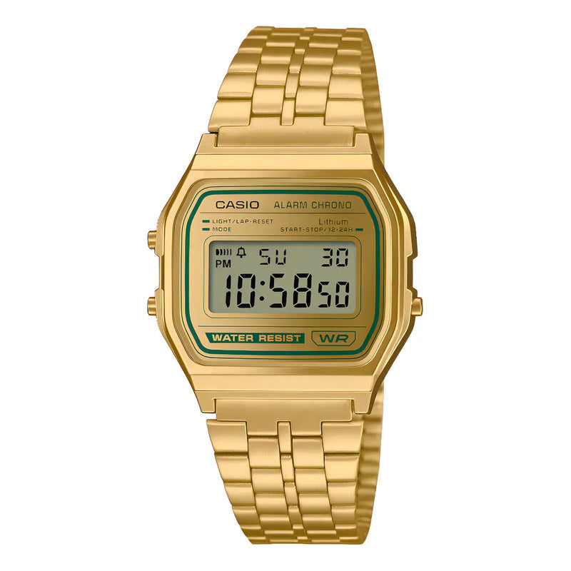 Reloj Casio A158wegv-9a Retro Vintage Classic Digital Dorado Fondo Gris