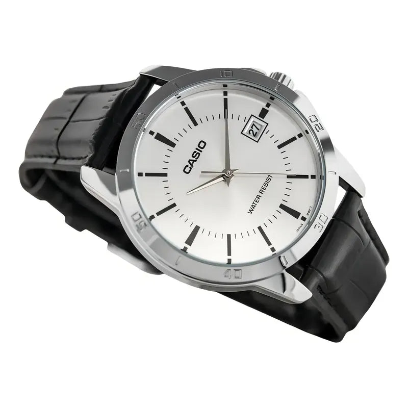 Reloj Pulsera Casio Mtp-v004l-7a Con Correa De Cuero Color Negro - Fondo Blanco - Bisel Plata