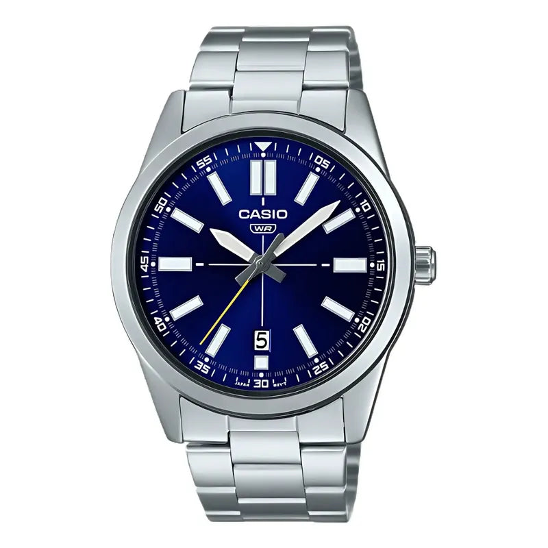 Reloj Casio Mtp-1335d Para Hombre Con Correa De Acero Plateado Y Fondo Azul