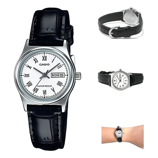 Reloj Casio Dama Ltp-v006l-7b Doble Fecha Relojesymas Color De La Correa Negro Color Del Bisel Plateado Color Del Fondo Blanco