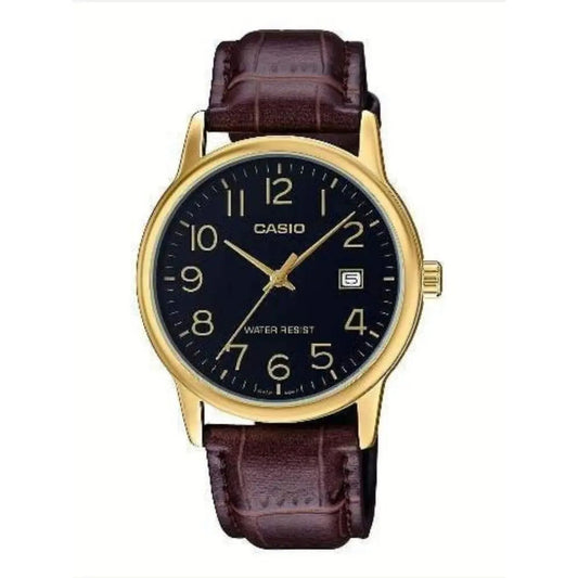 Reloj Pulsera Casio Mtp-v002gl-1b Con Correa De Cuero Color Marrón - Fondo Negro - Bisel Dorado