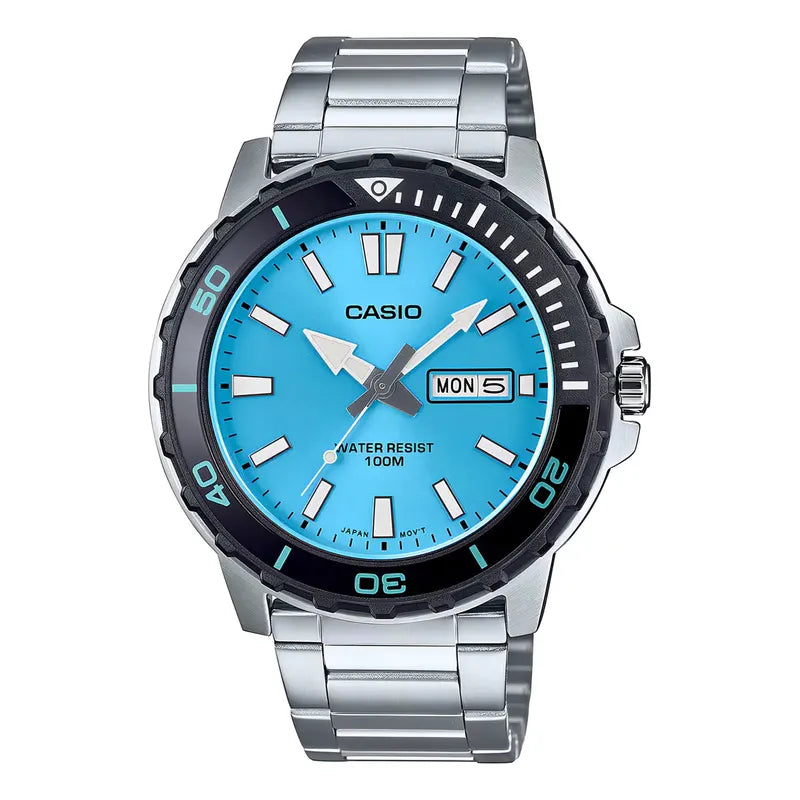 Reloj Hombre Casio Mtd-125d-2a3vdf Linea General Correa Plateado Bisel Plateado Fondo Azul