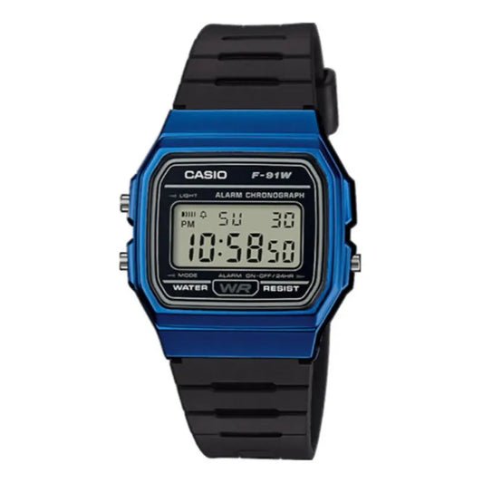 Reloj De Pulsera Casio Collection F-91wm-2a De Cuerpo Color Azul, Digital, Para Hombre, Fondo Gris, Con Correa De Resina Color Negro, Dial Negro, Bisel Color Negro Y Hebilla Simp