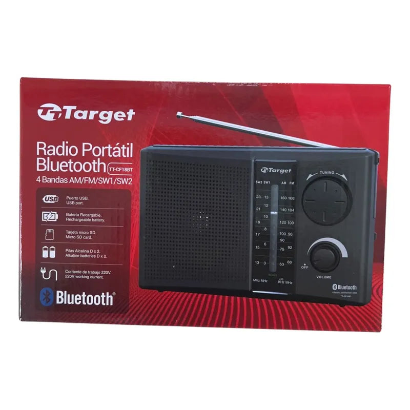 Radio Target Portátil Bluetooth/usb/4 Bandas Am/fm/sw1/sw2 Negro