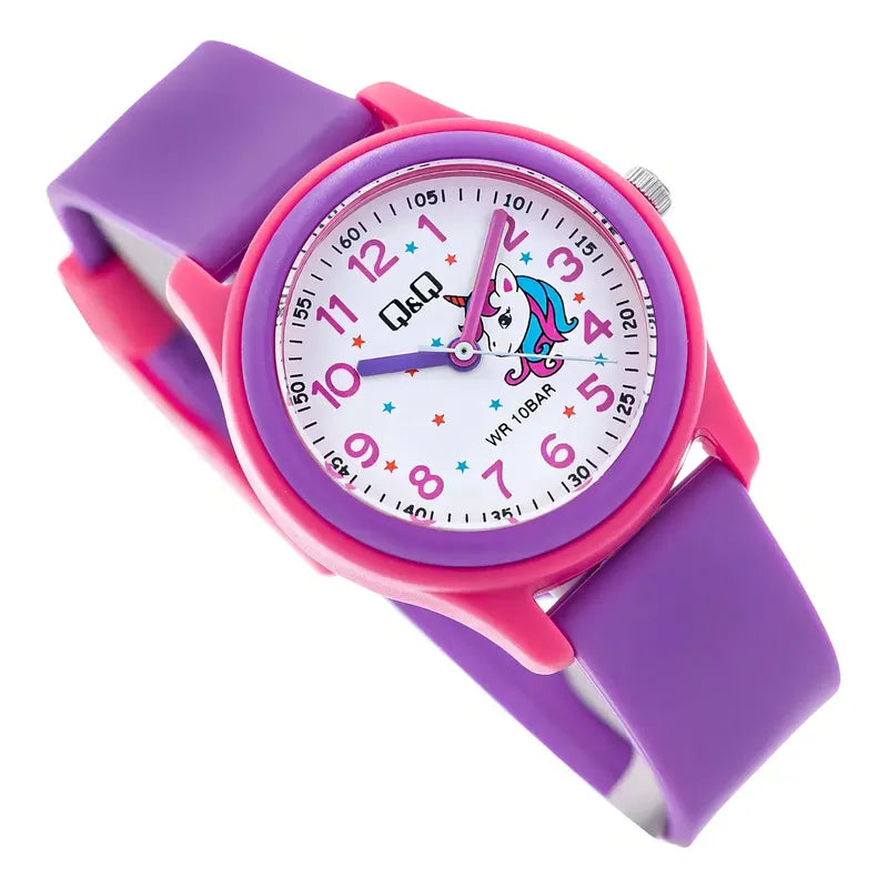 Reloj Q&q Niña Unicornio Números Y Manecillas Morado Rosa Blanco