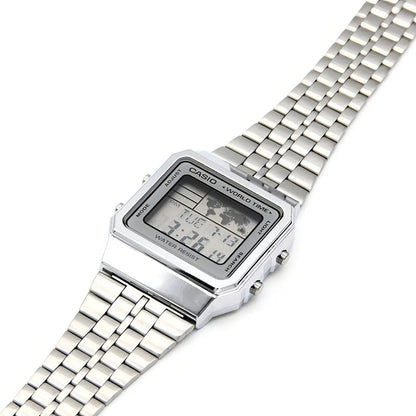 Reloj De Pulsera Digital Casio A-500wa-7d Con Correa De Acero Inoxidable De Color Plateado, Fondo Blanco/gris