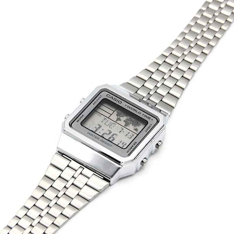 Reloj De Pulsera Digital Casio A-500wa-7d Con Correa De Acero Inoxidable De Color Plateado, Fondo Blanco/gris