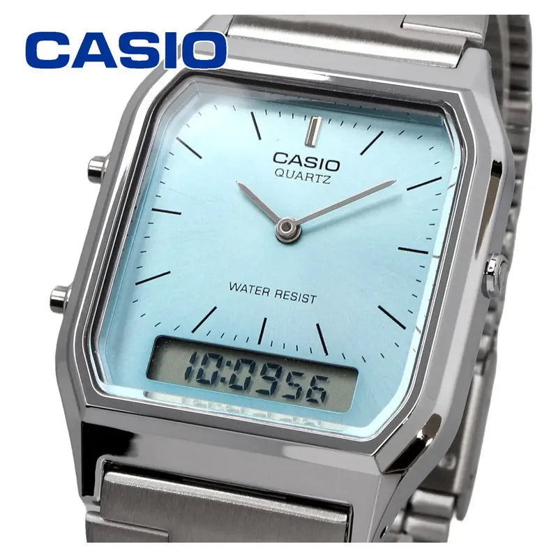 Reloj Casio Vintage Digital De Cuarzo Con Cronógrafo Y Malla De Acero Inoxidable Plateado Celeste