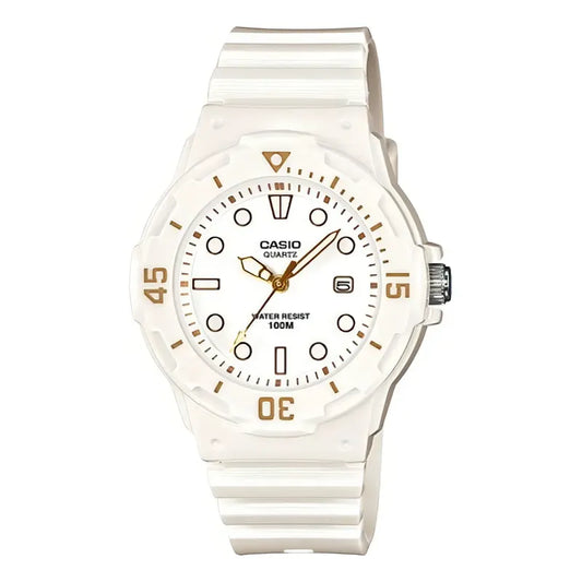 Reloj Mujer Casio Lrw-200h-7e2v Análogo Retro / Color De La Correa Blanco Color Del Bisel Dorado Color Del Fondo Blanco Plateado