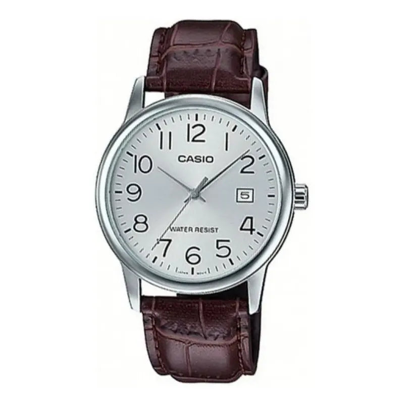 Reloj Pulsera Casio Mtp-v002l-7b2 Con Correa De Cuero Color Marrón - Fondo Plateado