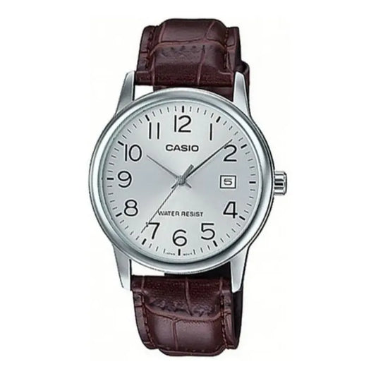 Reloj Pulsera Casio Mtp-v002l-7b2 Con Correa De Cuero Color Marrón - Fondo Plateado