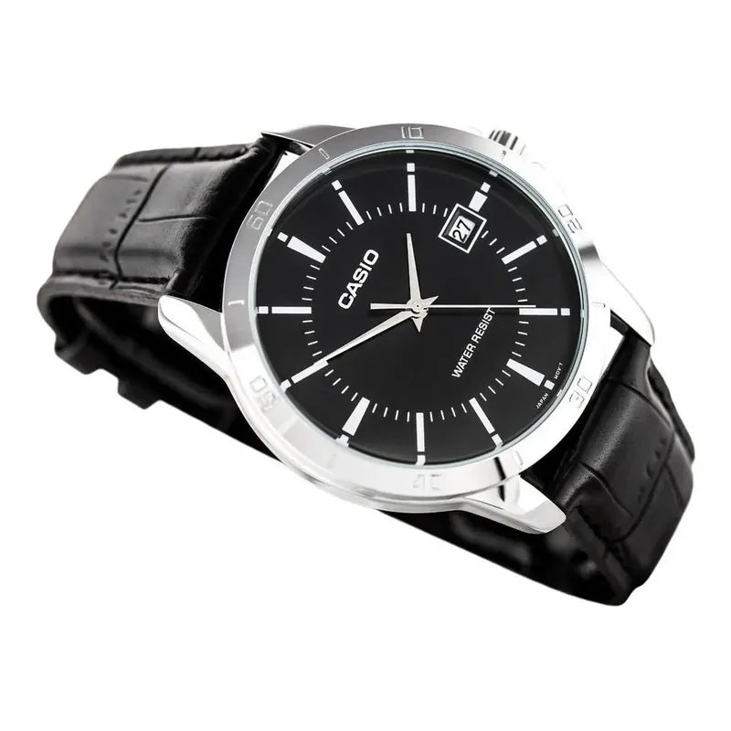 Reloj Pulsera Casio Mtp-v004l-1a Con Correa De Cuero Color Negro - Bisel Plata Plateado