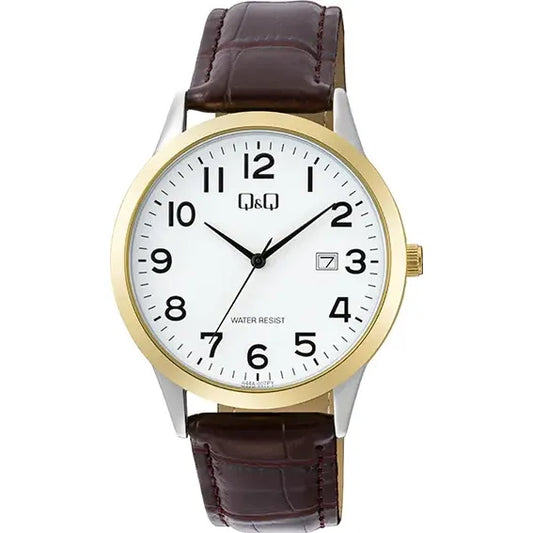 Reloj Q&q Para Hombre De Cuero Con Calendario Y Cuarzo Café Dorado Blanco