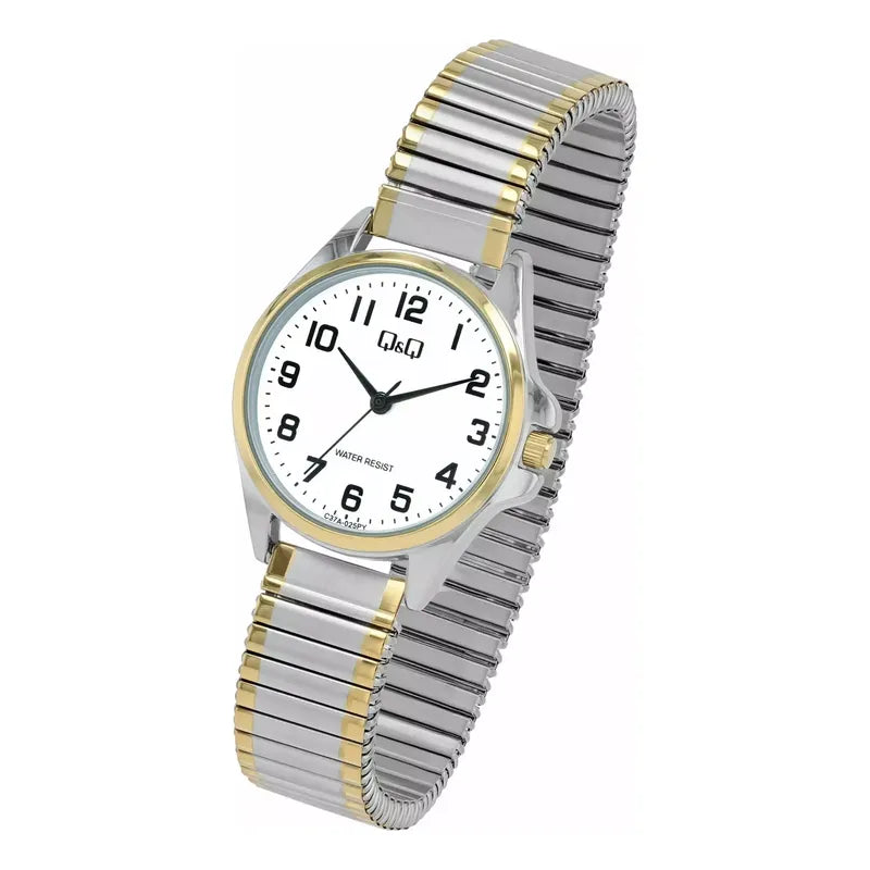 Reloj Qyq Mujer Metalico Bi Color Pulsera Elasticada Bicolor Dorado Blanco