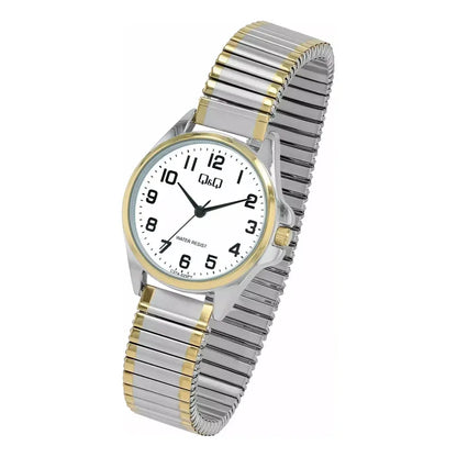 Reloj Qyq Mujer Metalico Bi Color Pulsera Elasticada Bicolor Dorado Blanco