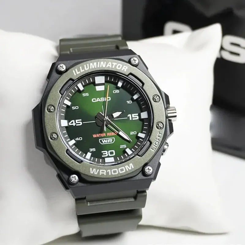 Reloj Casio Illuminator Analógico Para Hombre, Con Alarma Y Retroiluminación Negro Verde Oscuro