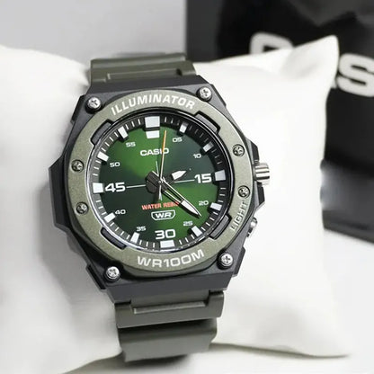 Reloj Casio Illuminator Analógico Para Hombre, Con Alarma Y Retroiluminación Negro Verde Oscuro