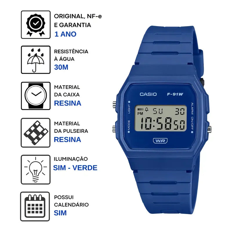 Reloj Unisex Casio F-91wb-2a1df Core Mens Correa Azul Bisel Azul Fondo Azul