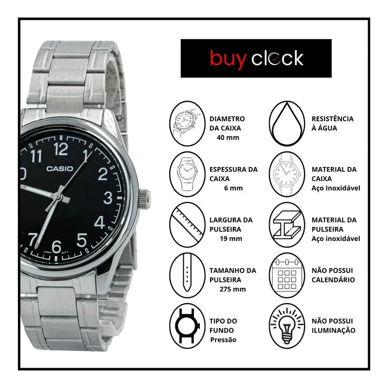 Reloj Casio Mtpv005d-1b4 Hombre Analogo Metal Plateado Negro