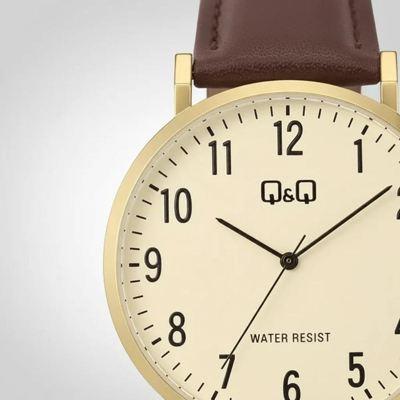 Reloj Qq Para Hombre Pulsera De Cuero, Color Marrón C43a-004 Marrón Dorado Crema