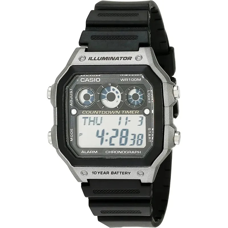 Reloj Casio Ae1300 29 Zonas Horarias 9 Temporizadores Correa Gris Oscuro Bisel Rojo/negro Fondo Negro