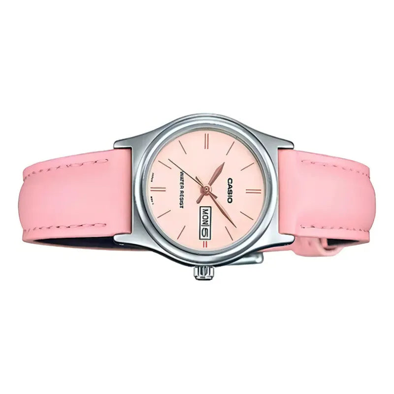 Reloj Casio Dress De Dama Ltp-v006l-4b Doble Fechador Color Rosa Y Plateado