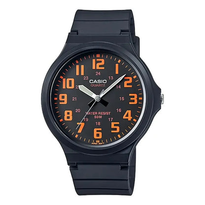Reloj De Pulsera Casio Youth Mw-240-4bv Con Cuerpo Negro, Analógico, Para Hombre, Negro Deshecho, Con Correa De Resina Negra, Subesferas Naranjas, Manecilla Del Bisel Y Hebilla Negras.