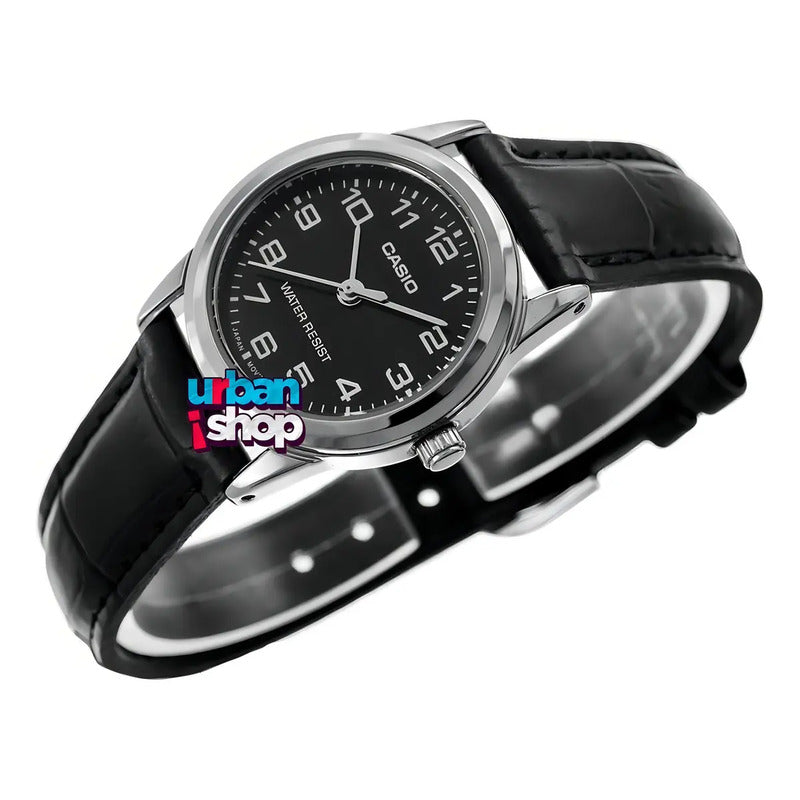 Reloj Casio Dama Ltp-v001l-1b, Caja De Acero,correa De Cuero Negro Plateado Negro Con Números