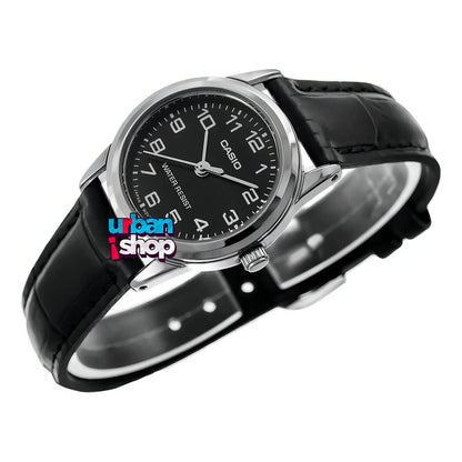 Reloj Casio Dama Ltp-v001l-1b, Caja De Acero,correa De Cuero Negro Plateado Negro Con Números