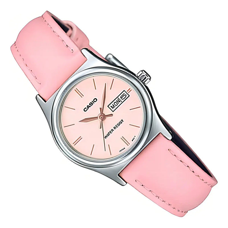 Reloj Casio Dress De Dama Ltp-v006l-4b Doble Fechador Color Rosa Y Plateado