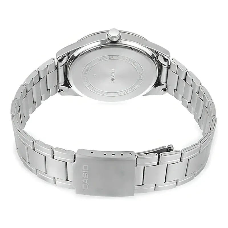 Reloj Pulsera Casio Mtp-v004d-2b Con Correa De Acero Inoxidable Color Plateado Fondo Azul
